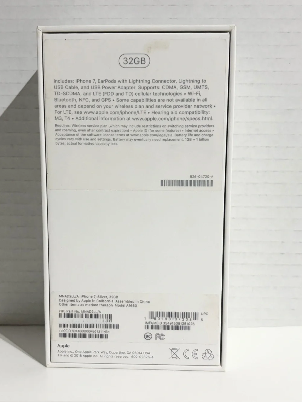 BOX ONLY EMPTY Apple IPhone 7 Box 32GB Silver Original Genuine